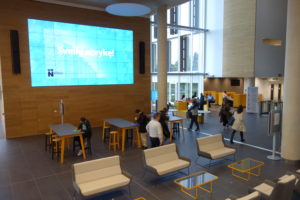 The media screen in the Learning Hub foyer