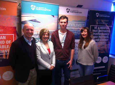 Liam Byrne with staff and students