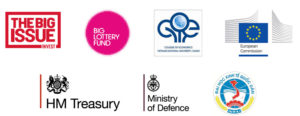 Logos for The Big Issue, Big Lottery Fund, Centre for Economic Development Studies at the Vietnam National University Hanoi, European Regional Development Fund, HM Treasury, Ministry of Defence.