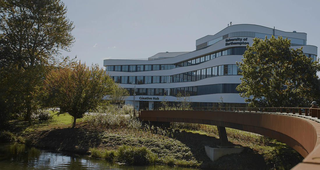 Creative Hub building across the water on University bridge footpath