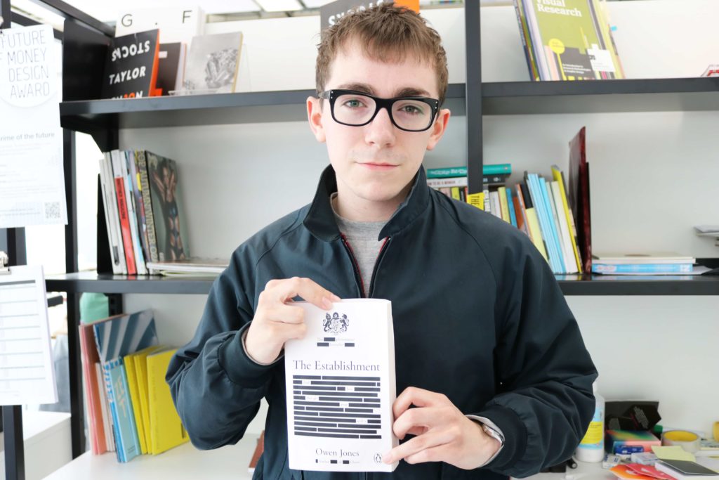 Toby Clarke with his winning book cover design for Owen Jones' The Establishment.