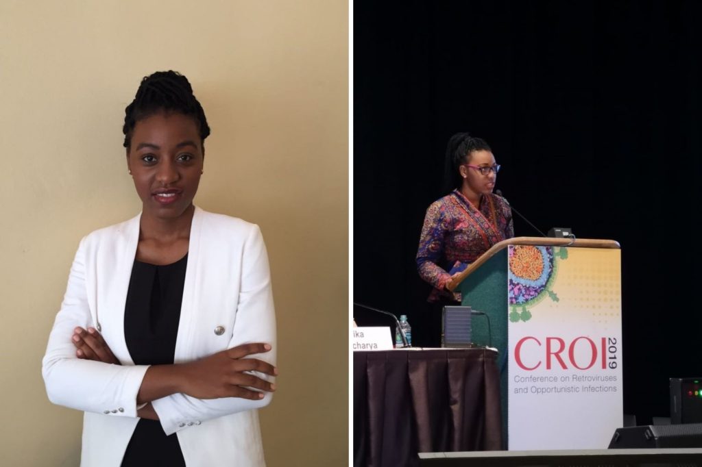 Alumni Belinda Chihota is pictured in two photos, including one where she presents at an international conference