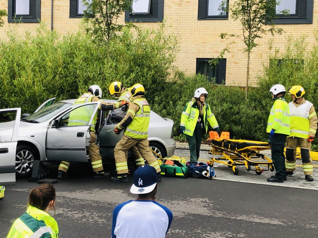 Members of Northamptonshire Fire and Rescue Service attend the Car Crash Careers Day 2019