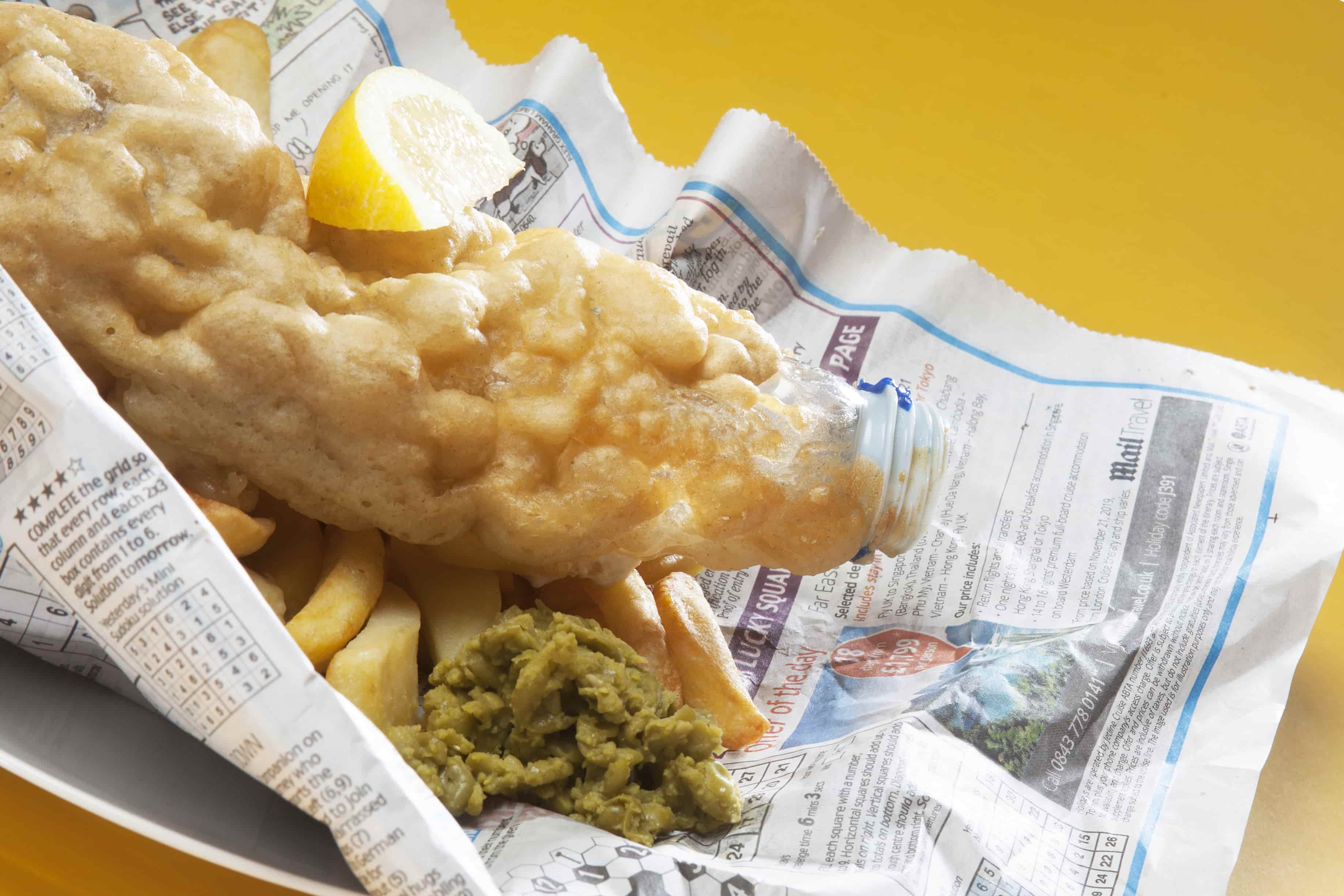 Photo of the plastic bottle battered to look like fish and chips