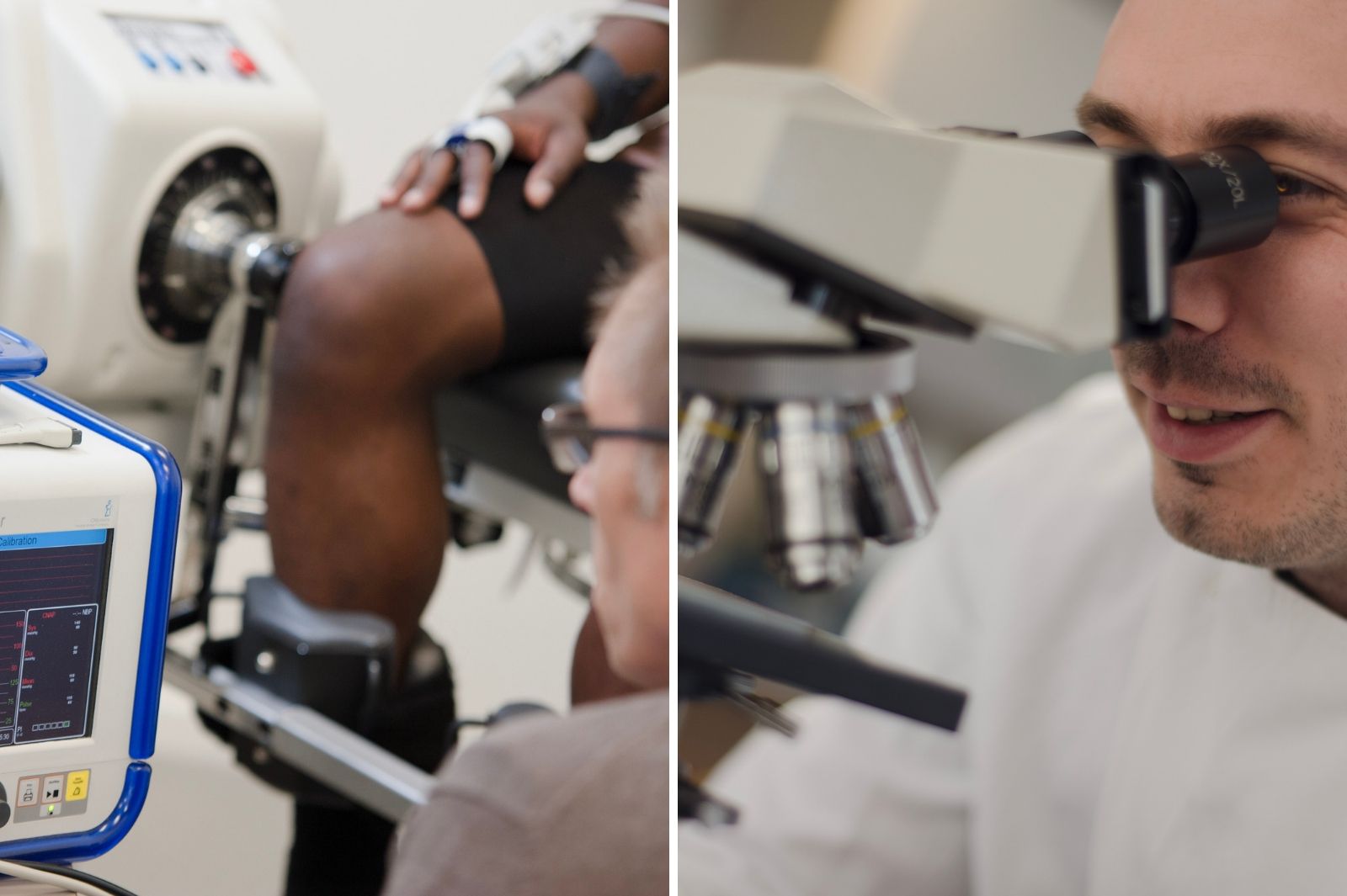 Photos of a sport science test and a man looking down a microscope