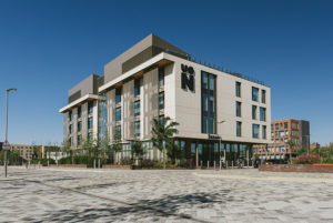 External shot of Senate building at Waterside campus at the University of Northampton.