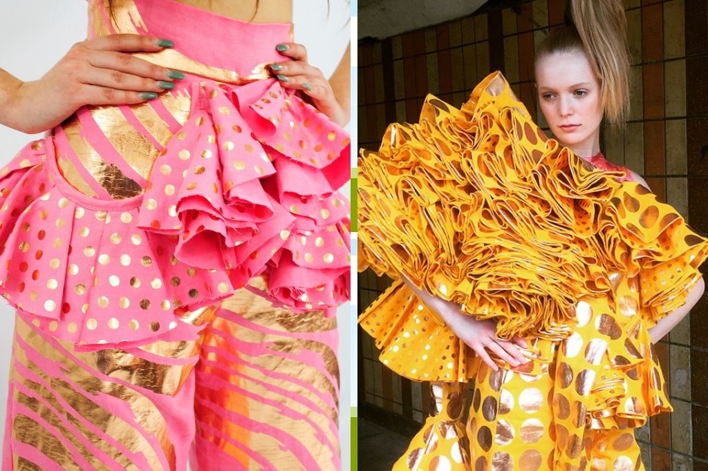 Photo of two designs by Fashion and Textiles graduate Poppy Simone Dowsing