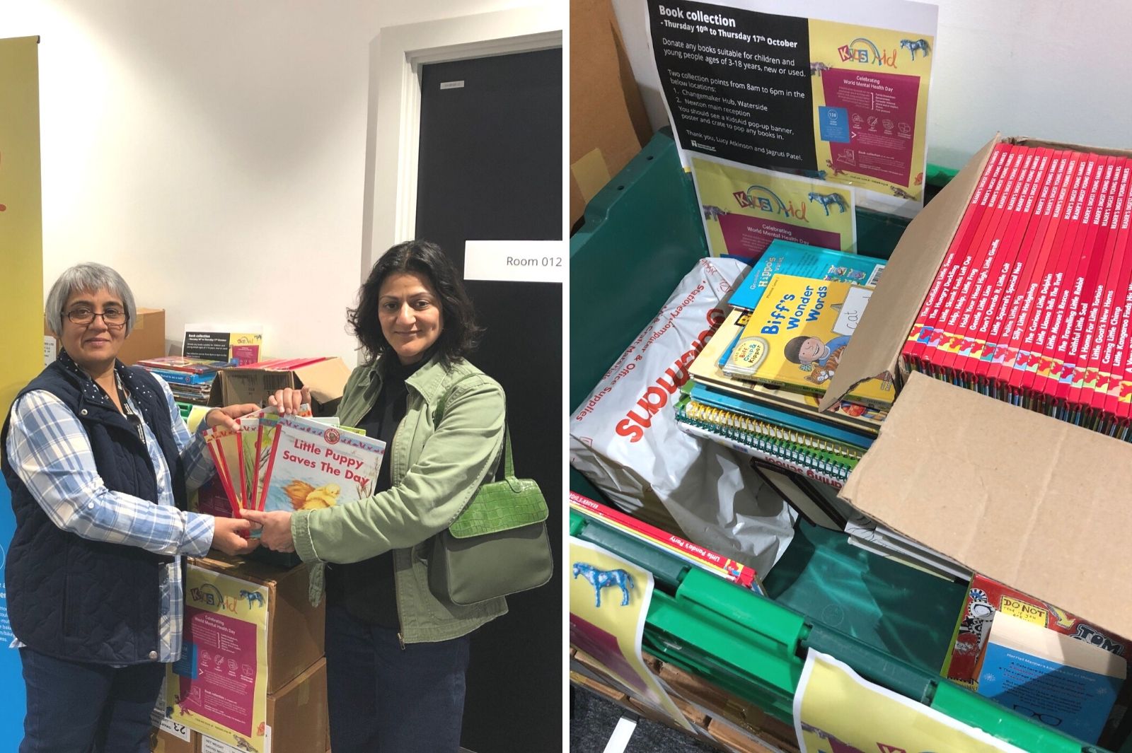 Photo of Jagruti Patel and Suki Bassu from KidsAid and books collected for the charity