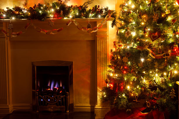 Image of a fireplace and decorated tree at Christmas