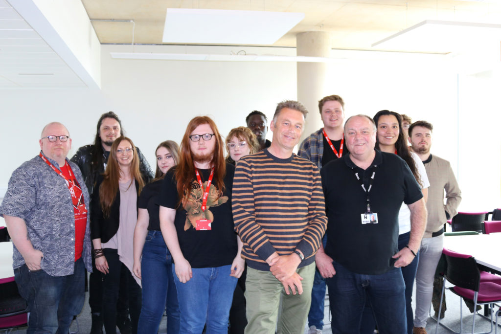 Chris Packham with Roy Wallace (right black top and lanyard) and University of Northampton students