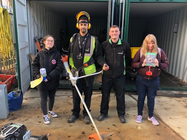 Pictured from left, Katy Baker from the Students' Union, Grounds team members Reece Myrie and Aidan Reilly, and student Freya Smith. 