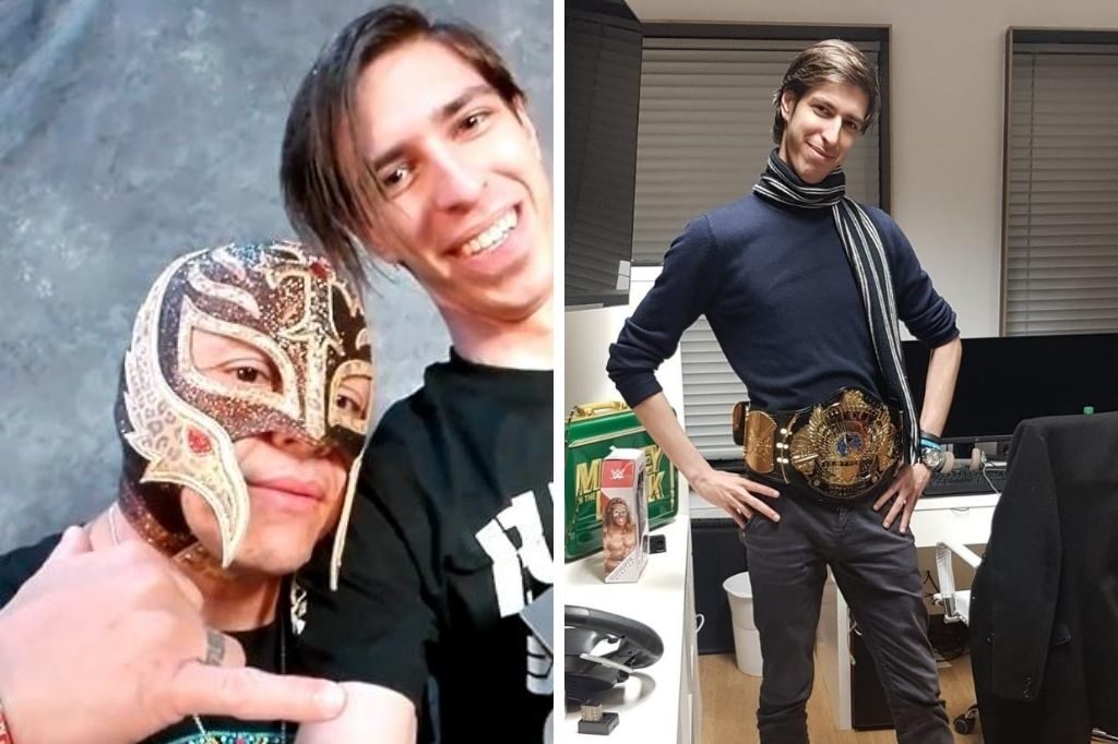 Sebastian with WWE,wrestler Rey Mysterio, and trying on a belt for size.