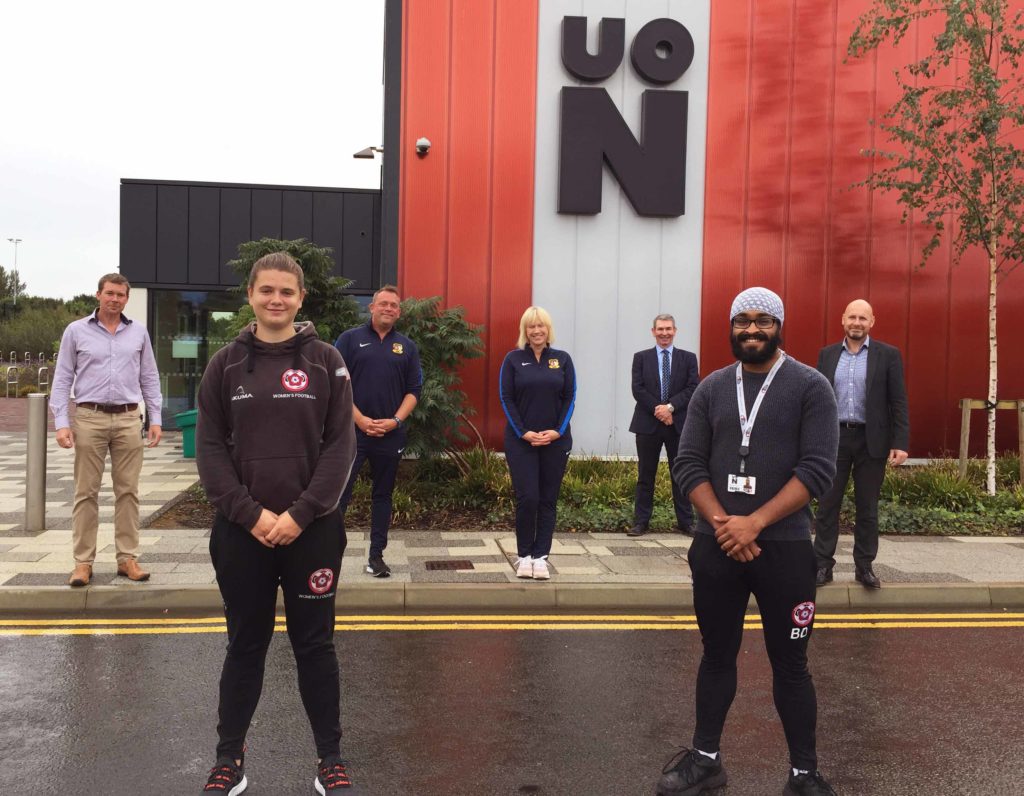 From left: Scott Bradley, UON Deputy Subject Leader Sport and Exercise; Rachel Ashmore, UON women’s football team captain; Christian Smith, NFA Partnerships Manager; Sarah Bentley, NFA CEO; John Sinclair, UON Dean of the Faculty of Arts, Science and Technology; Balraj Dhingra, UON Students’ Union Sport Development Coordinator and Dr Peter Jones, UON Associate Dean of the Faculty of Arts, Science & Technology.