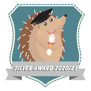 Cartoon Hedgehog wearing a mortarboard and holding a scroll. Underneath it says Silver Award 2021/21