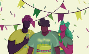 Still images from animation of three people at a birthday party. Colours are greens and purples, with bunting, a cake and confetting surrounding them.