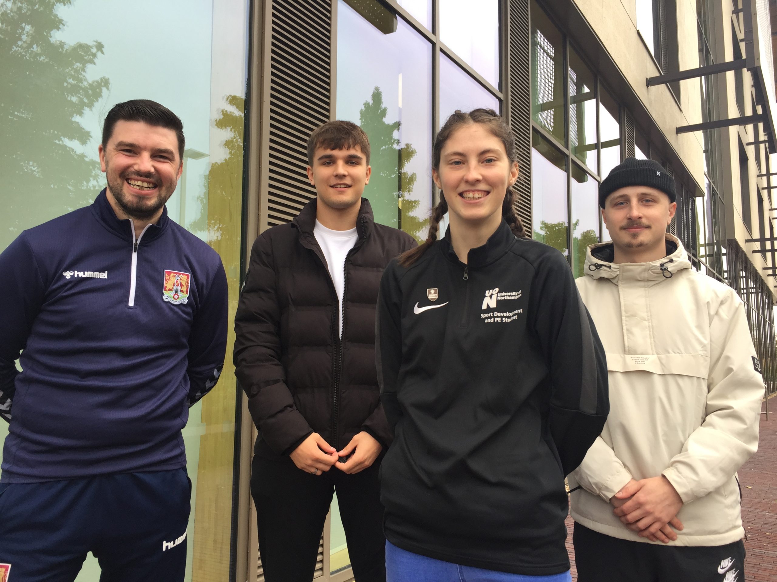 Pictured from left Lucan Burge, Workforce development manager at Northampton Town Community Trust; and students Tom Banks, Rebecca White and Elliot Dawes