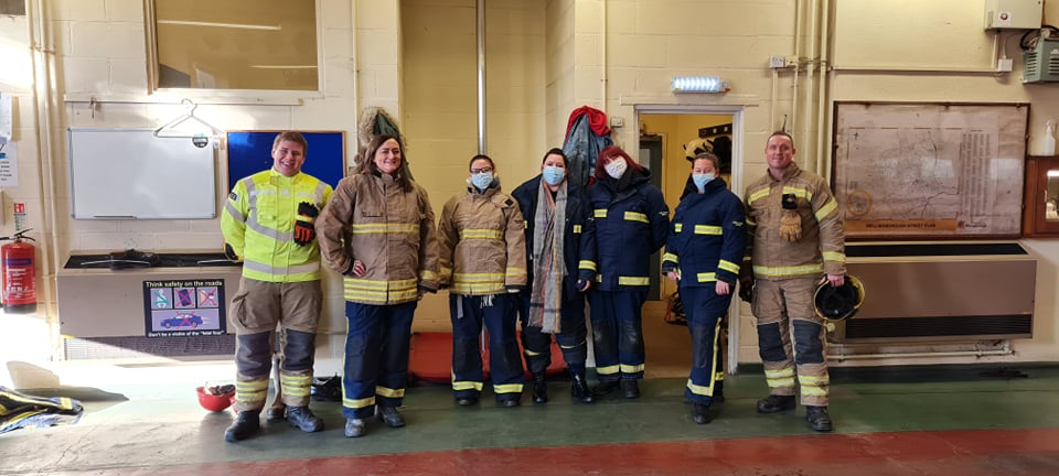 Nursing students pictured with members of Northamptonshire Fire and Rescue Service, Wellingborough