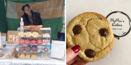 Hulda selling cookies and a close up of a hand holing a cookie