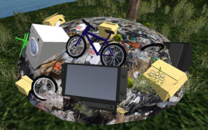 Digital image of waste next to water. The waste includes: a bicycle, washing machine, television, tyre, crisp packets, plastic, cardboard boxes, plastic bags, and smaller items.