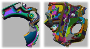 A 3-D CAD model of a converter housing made from austempered ductile iron obtained using a laser scanner. The colour code shows the error difference between the original CAD model and the reconstructed CAD model. The grey regions are deemed to be a good fit.