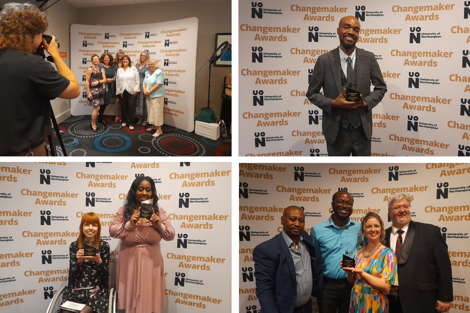 Four photos of the Changemaker Award winners holding their trophies