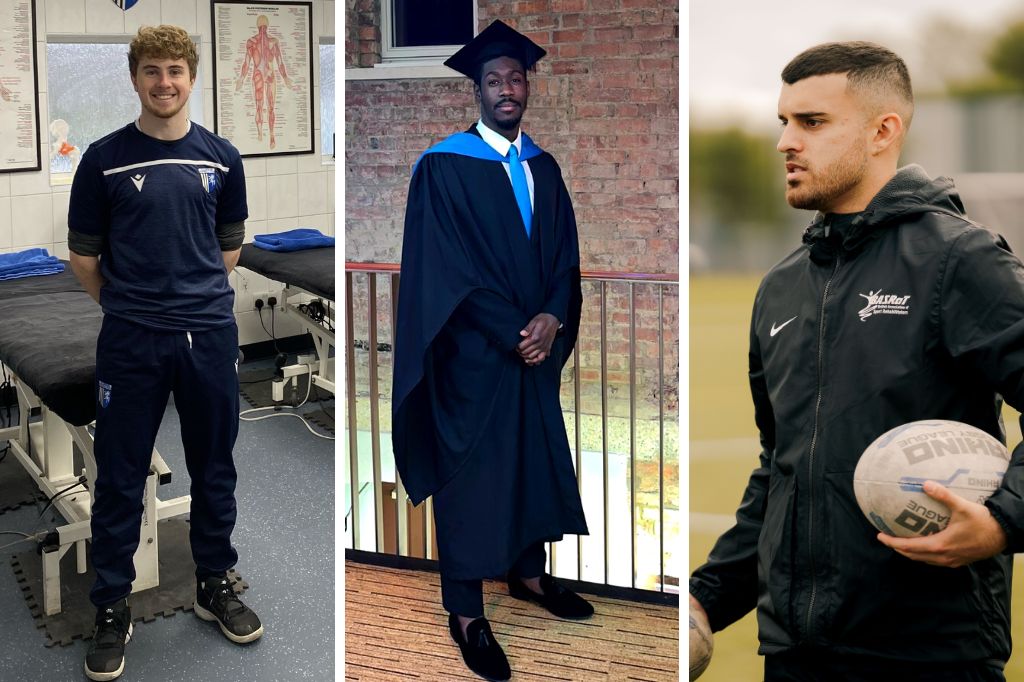 Cameron Lawrie, Daniel Boateng and Nathan Surti, sports Rehabilitation and Conditioning graduates 2022.