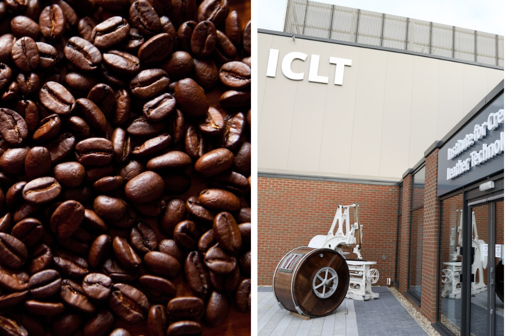 Coffee grains and exterior photo of the ICLT building