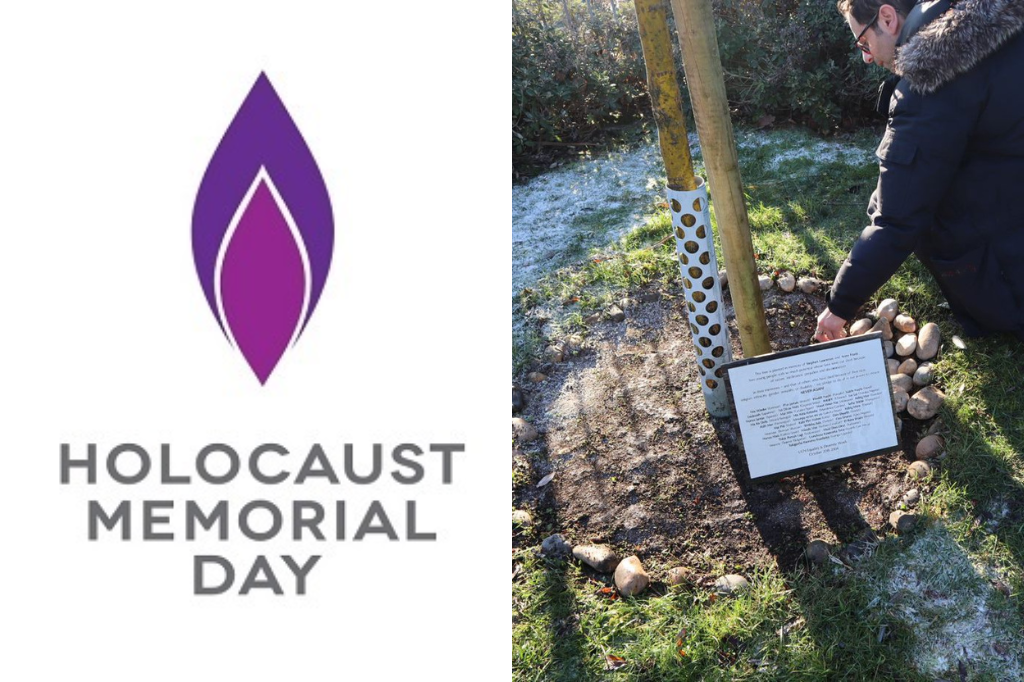 Holocaust Memorial Day logo alongside stones being layed at Memorial Gardn.