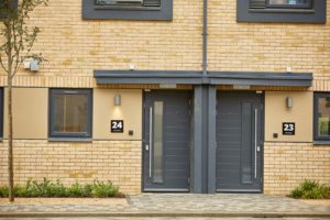 Outside view of two townhouses on the student village road at Waterside campus