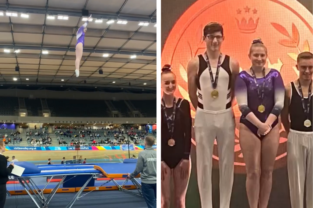 Kimberley Green receives medal and jumping on trampoline.