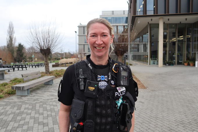 Police Sergeant Lorna Clarke, at Waterside campus, wearing the police uniform.
