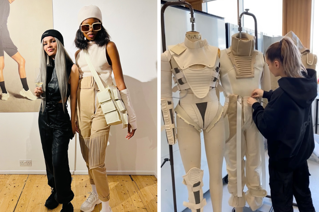 Stydent stood next to her Fashion Designs on display on model and mannequins.