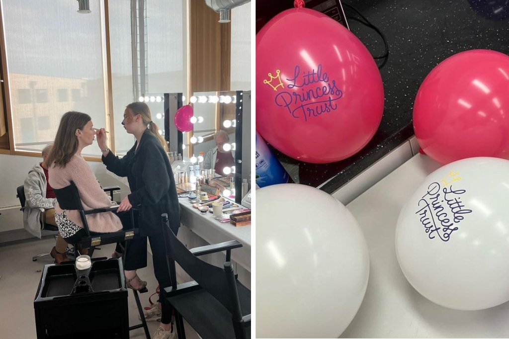 Student in chair has makeup done by second student stood next to her, and picture of balloons with Little Princess Trust logo.