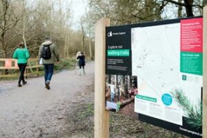 People walking in Salcey Forest, with a map sign on the right showing different walking routes and information about Salcey Forest