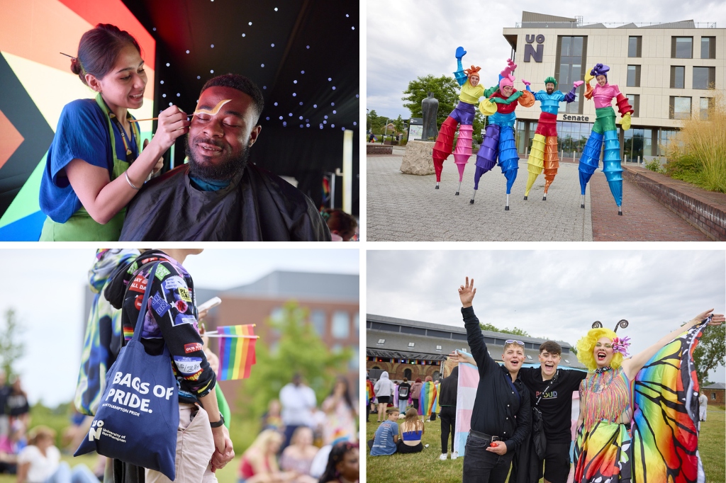 Collage of photos - makeup, stilt walkers, bag with UON logo and people hugging.