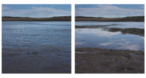 Two photographs of water with land in the background, from two different angles. The photos are taken by Claire Stear a Fine Art