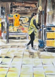 Artwork of oil on paper depicting a woman wearing a his-vis jacket pushing a cleaning cart. The art is made by Shazia Mufti