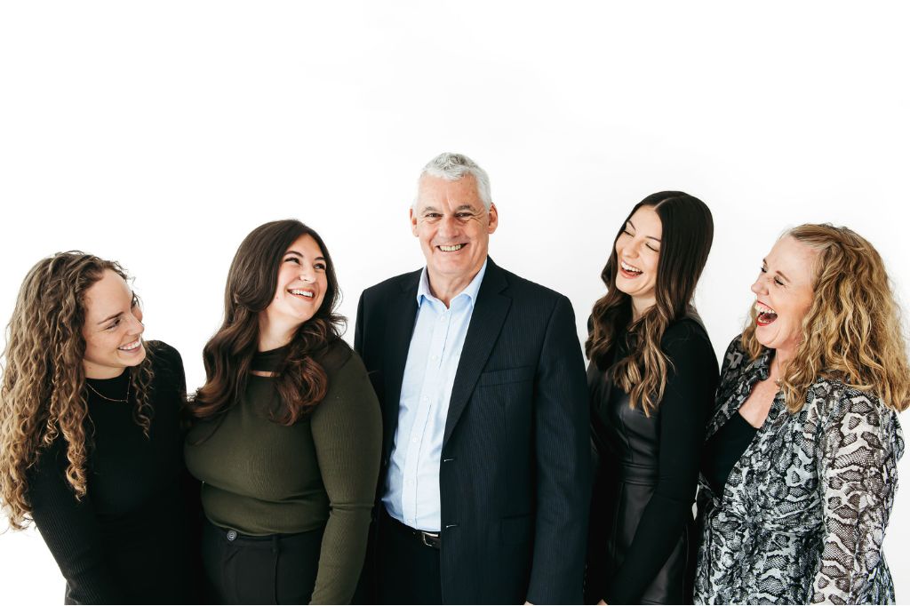 Caption - left to right: The CJS family – Elly Lacatusu (also a UON graduate) Charlotte Disbury, Kevin Shapland, Atlanta Benham, and Rachel Fletcher (business support and Director of Happiness)