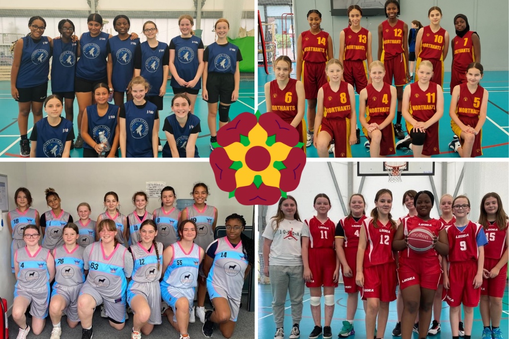 Four team photos of young female basketball teams, with the Rose of the Shires logo in the middle.