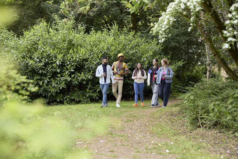 Five students walking on grass out of a tree area.