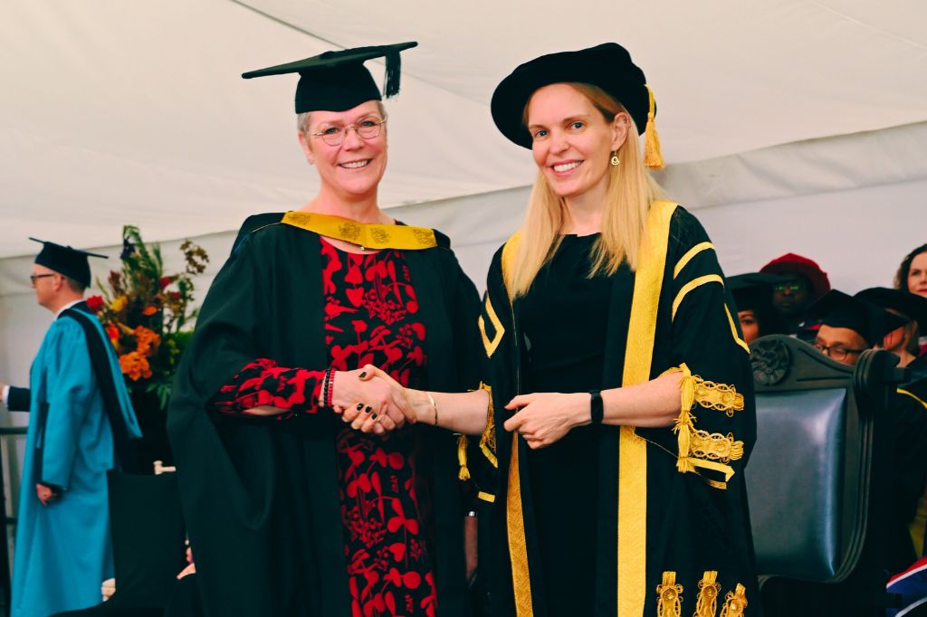 In November 2024 Berit Virtanen-Thewlis was handed her MBA by the Vice Chancellor of the University of Northampton, Anne-Marie Kilday