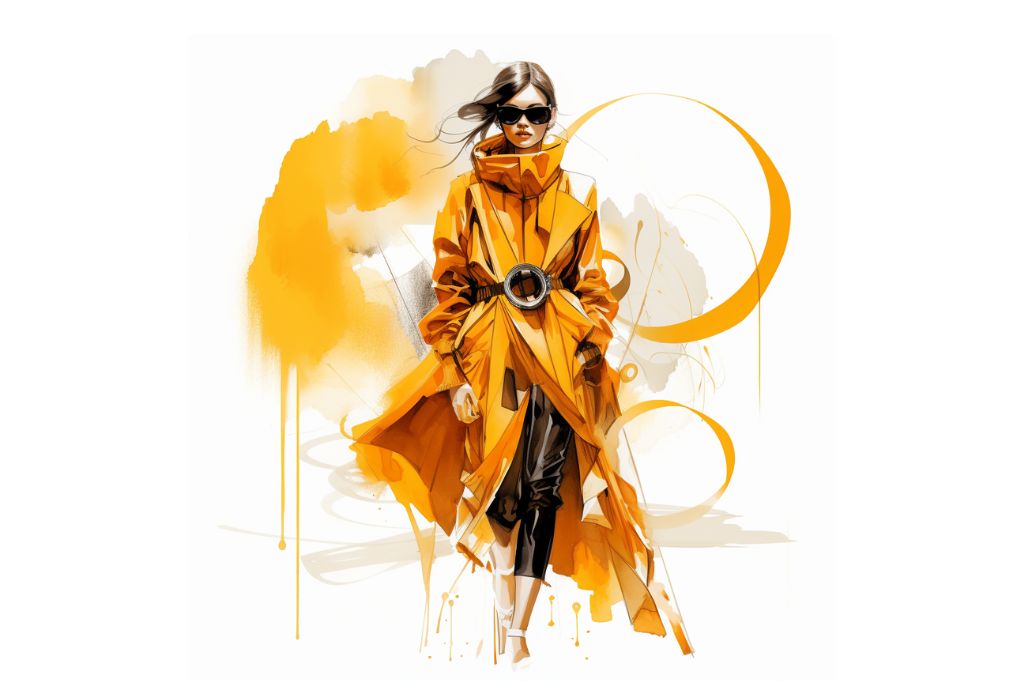 Image create by Jane Mills using AI of women in sunglass as her hair waves in the wind while she is dressed in a bright yellow coat and black trousers.