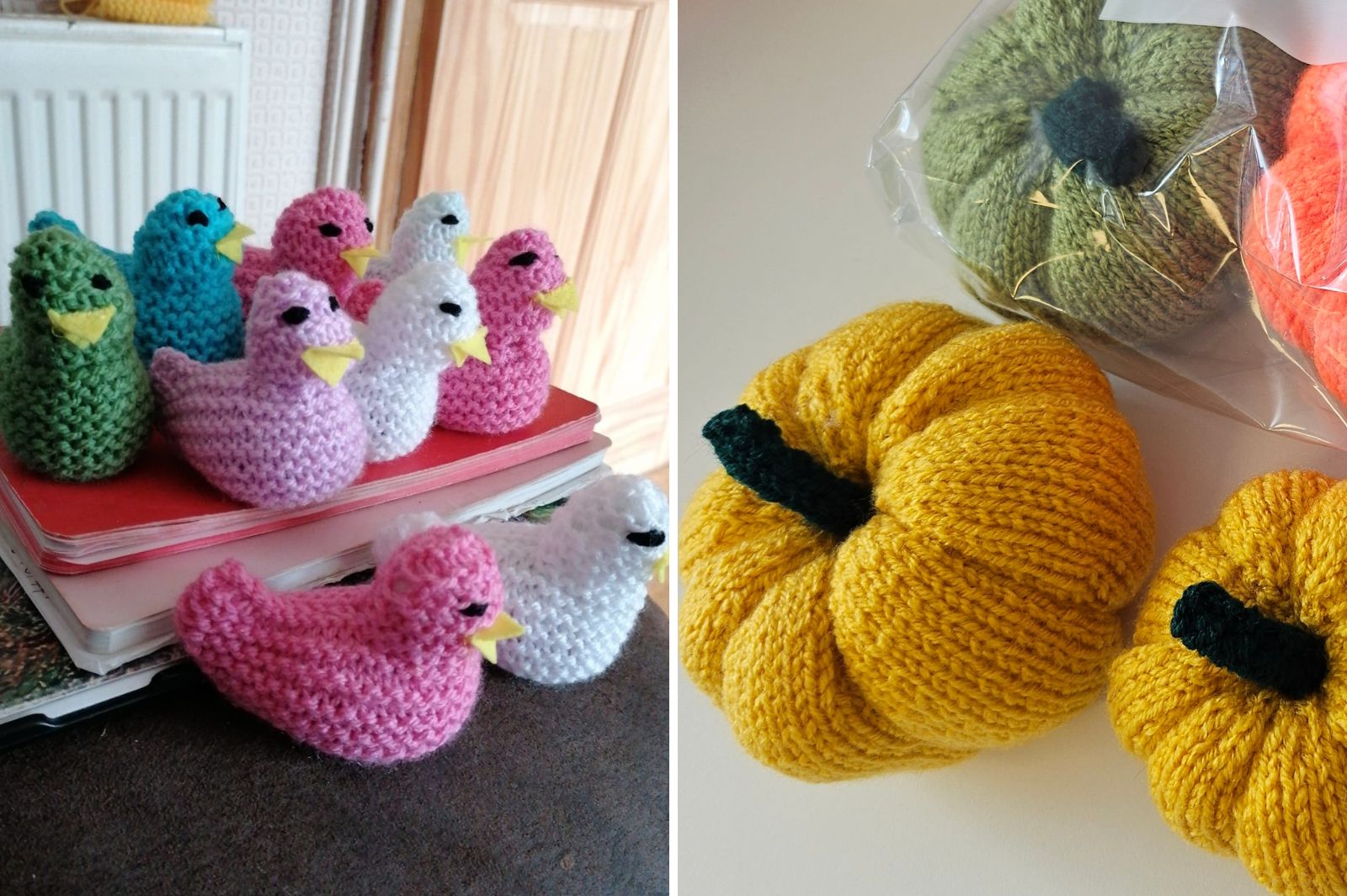 Knitted birds and pumpkins