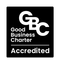 A black and white logo with the words Good Business Charter Accredited.