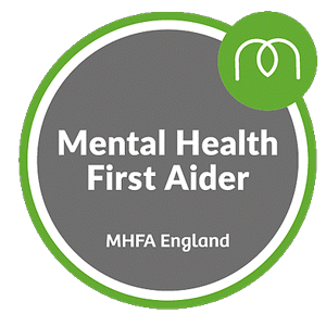 Green, grey and white Mental Health First Aider logo for MHFA England.