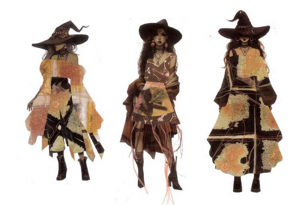 Three sketches of student, Maria Macedo's fashion designs.