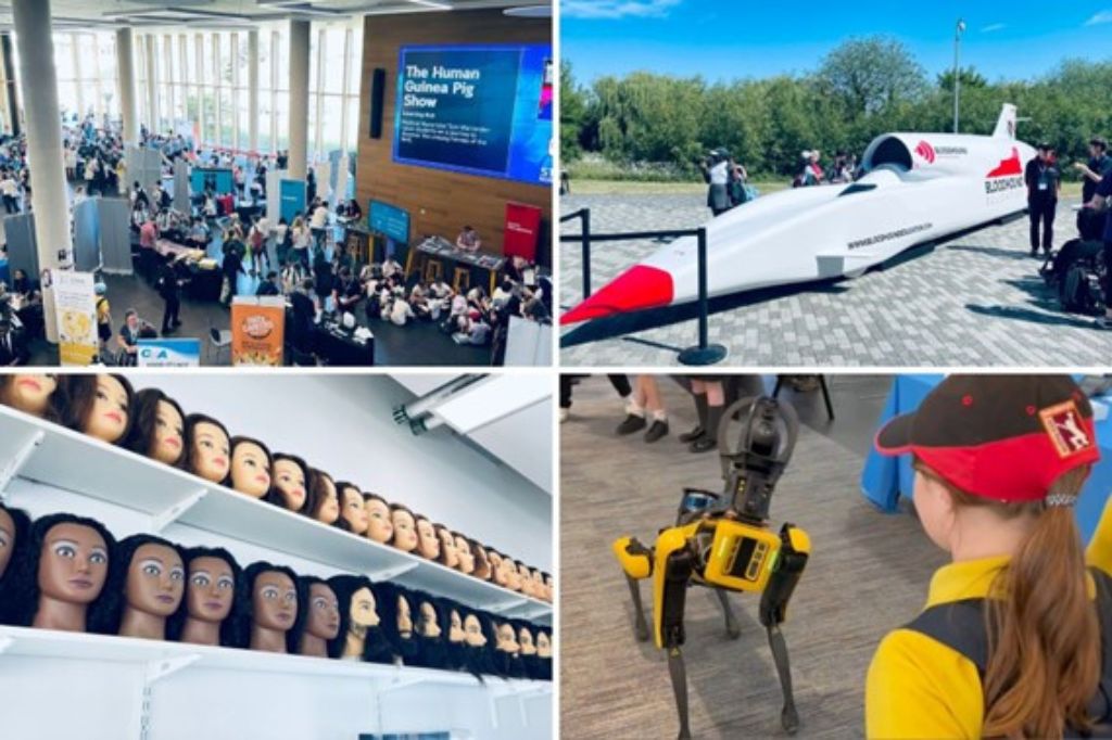 A collage of images from the 2023 STEAM Northants, featuring a robot dog and the Bloodhouse land speed record car.