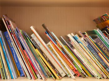 Children's books on a shelf podcast