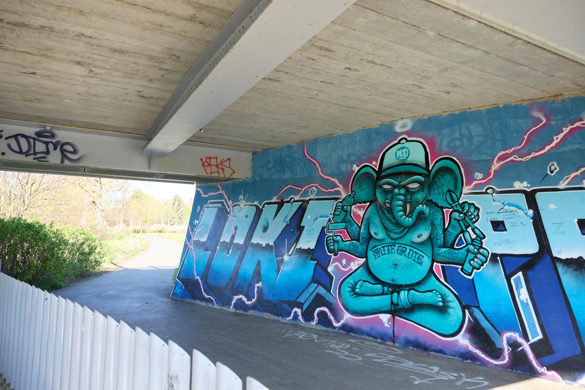 Large graffiti art on an underpass wall of a blue cross-legged elephant figure holding objects including spray cans. The figure is surrounded by bold text and designs. The main colours are blue and pink.
