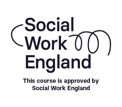 Logo for Social Work England reading: This course is approved by Social Work England.